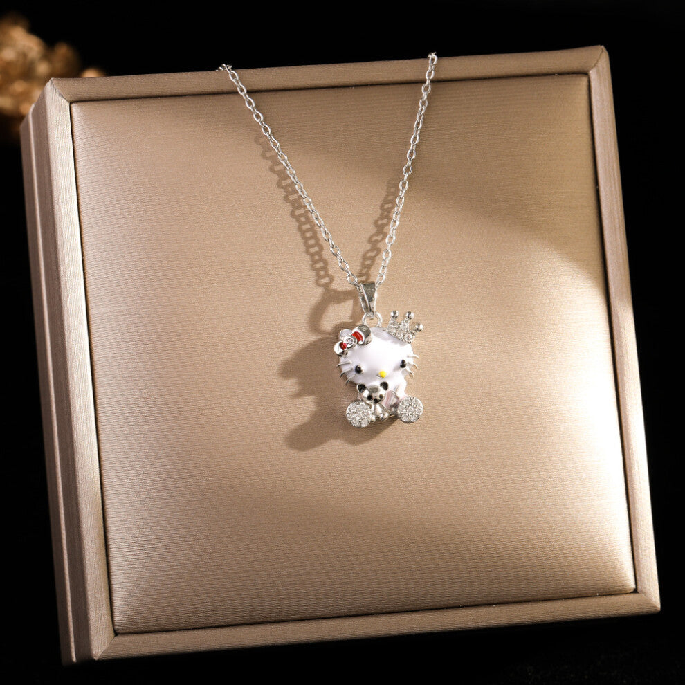 (8450-Silver oil-dripping cat) Silver titanium steel necklace for women, ins style, niche and versatile, popular collarbone chain