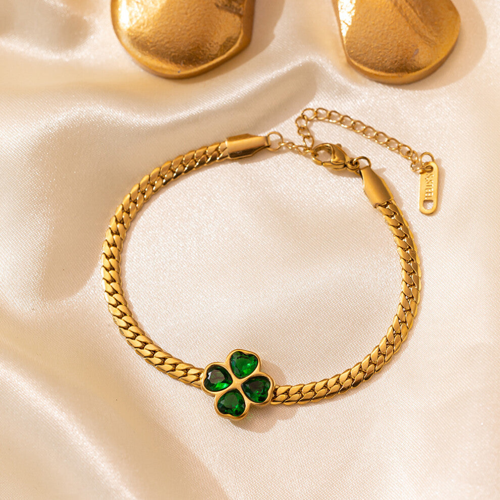 (?E2013? Green Diamond Four-Leaf Flower Bracelet in gold) Emerald four-leaf clover necklace set, heart-shaped collarbone chain, fashionable pendant