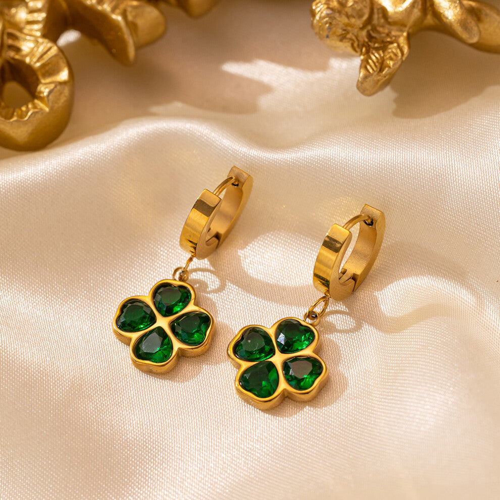 (?G3109? Green diamond four-leaf Flower earrings in gold) Emerald four-leaf clover necklace set, heart-shaped collarbone chain, fashionable pendant