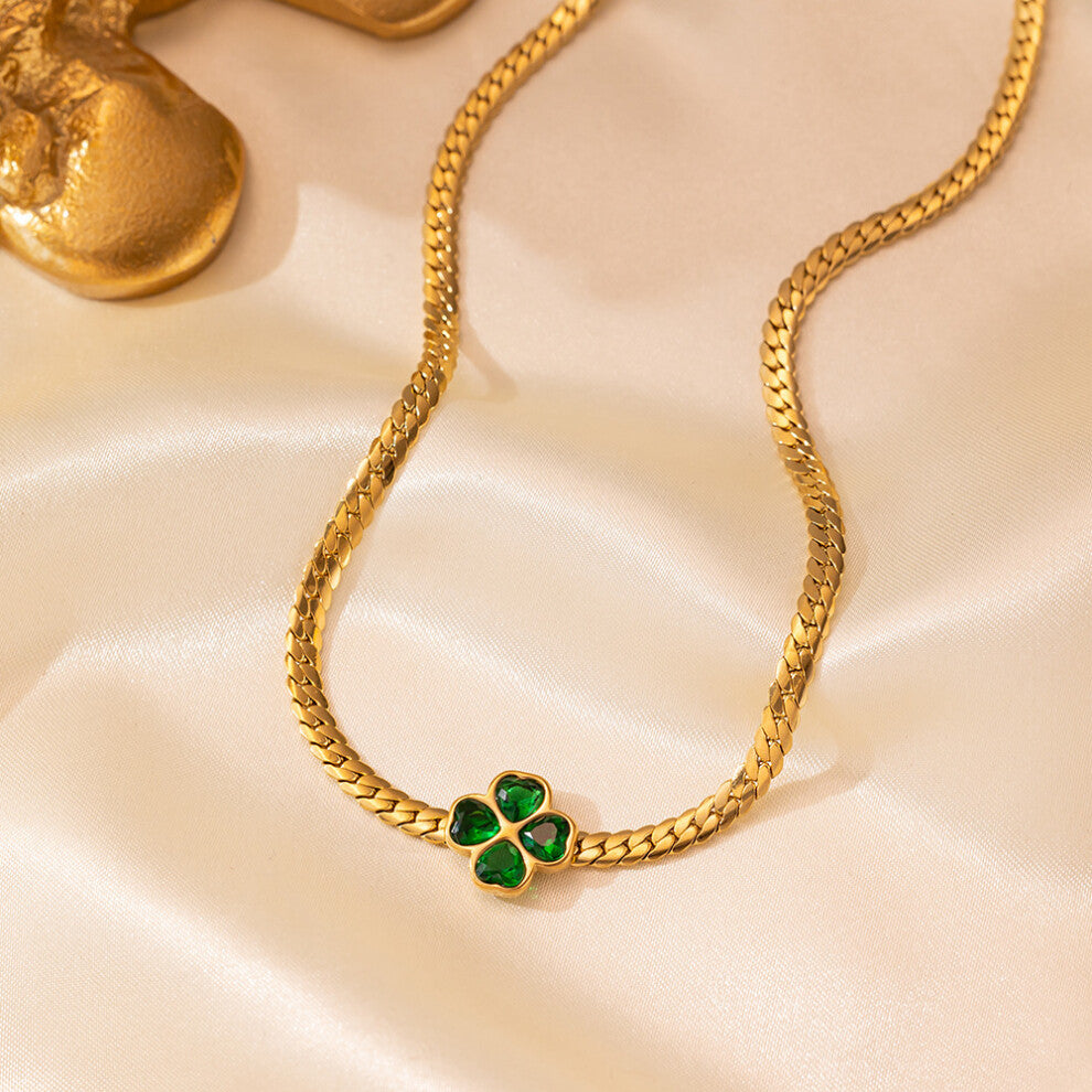 (?H1143? Green diamond four-leaf Flower necklace in gold) Emerald four-leaf clover necklace set, heart-shaped collarbone chain, fashionable pendant