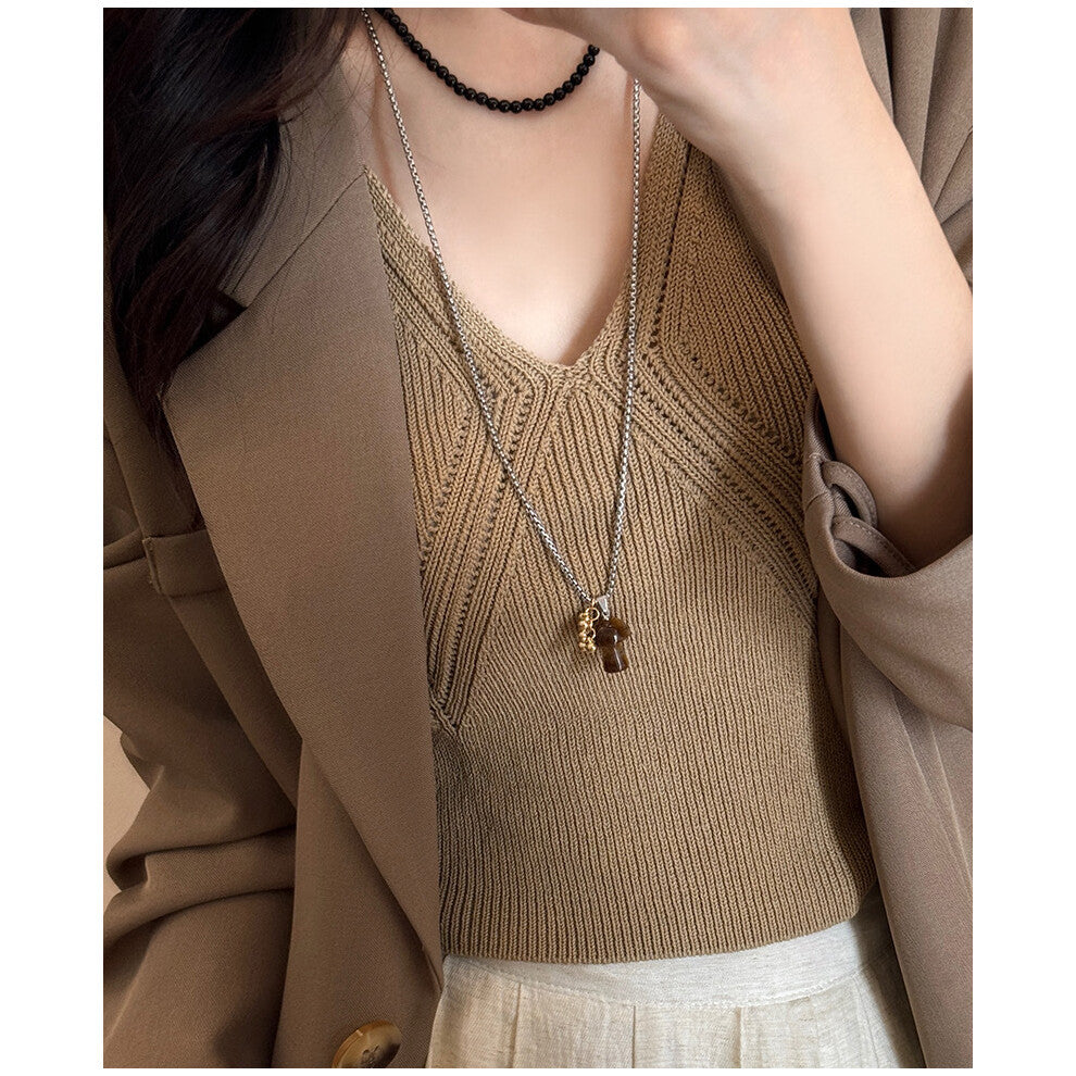 (1# Light brown mushroom necklace) Tiger's eye necklace, women's light luxury and high-end style, long collarbone chain, versatile hoodie and sweater