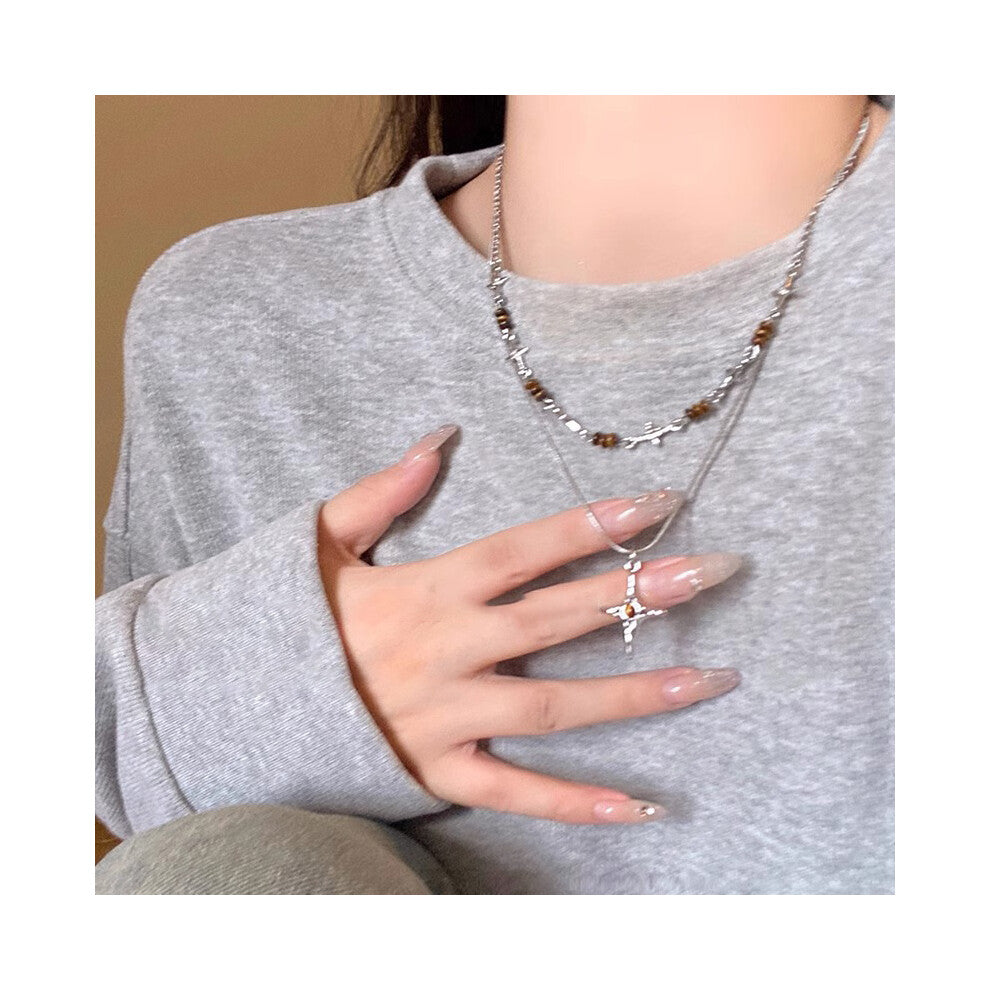 (10# Tiger's Eye Stone Layered Cross Pendant Necklace) Tiger's eye necklace, women's light luxury and high-end style, long collarbone chain, versatile