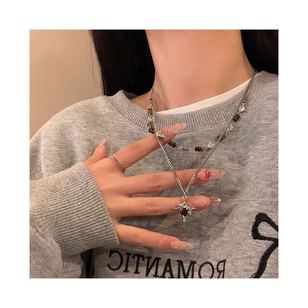 (11# Tiger's Eye Stone beaded chain Layered Necklace) Tiger's eye necklace, women's light luxury and high-end style, long collarbone chain, versatile