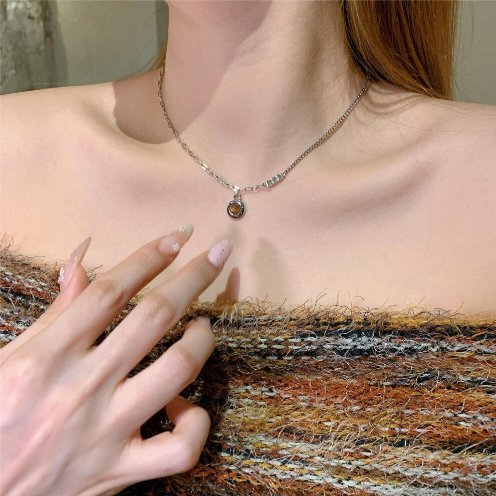 (12# Tiger's Eye Round pendant Necklace) Tiger's eye necklace, women's light luxury and high-end style, long collarbone chain, versatile hoodie and sw