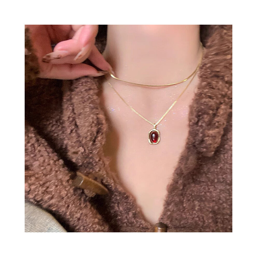 (13# Wine-red amber stone stacked collarbone chain) Tiger's eye necklace, women's light luxury and high-end style, long collarbone chain, versatile ho