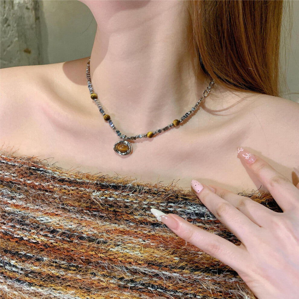 (16# Oval tiger's Eye beaded Necklace) Tiger's eye necklace, women's light luxury and high-end style, long collarbone chain, versatile hoodie and swea