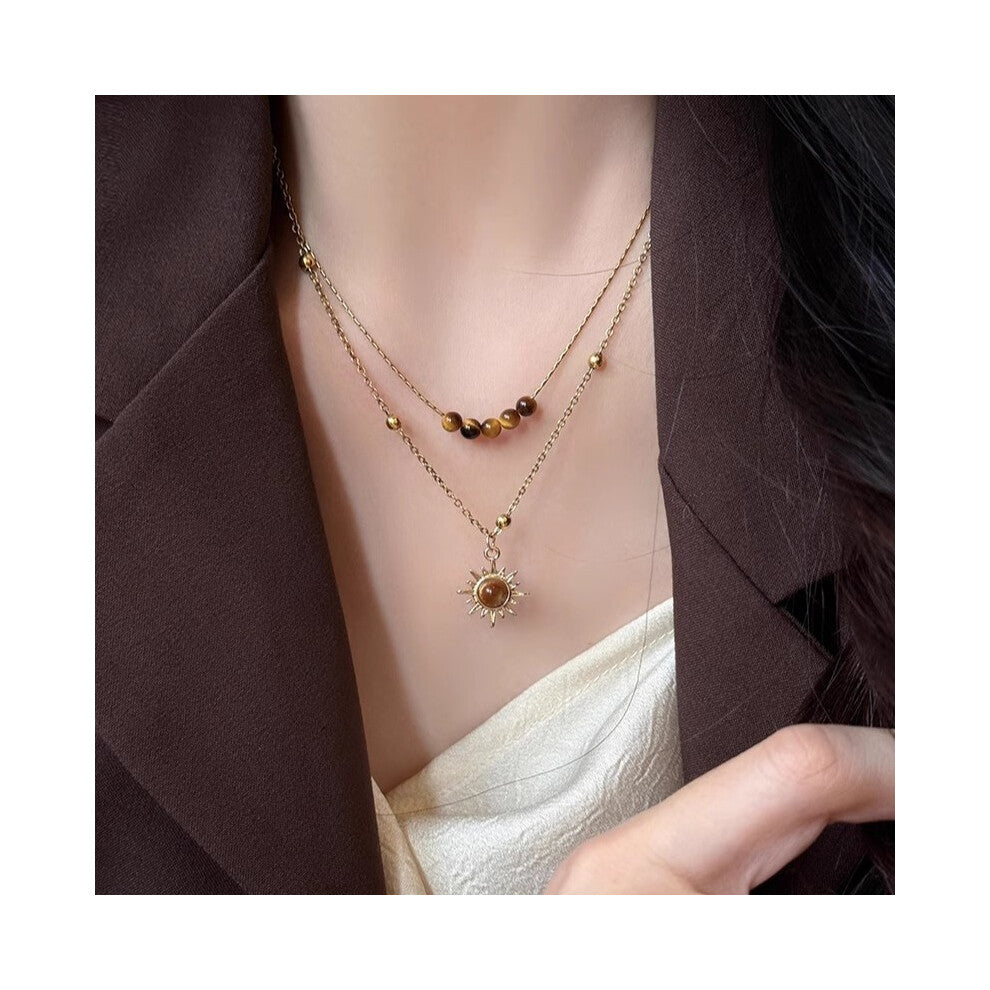(17# Sunflower Tiger's Eye Stone Layered Necklace) Tiger's eye necklace, women's light luxury and high-end style, long collarbone chain, versatile hoo