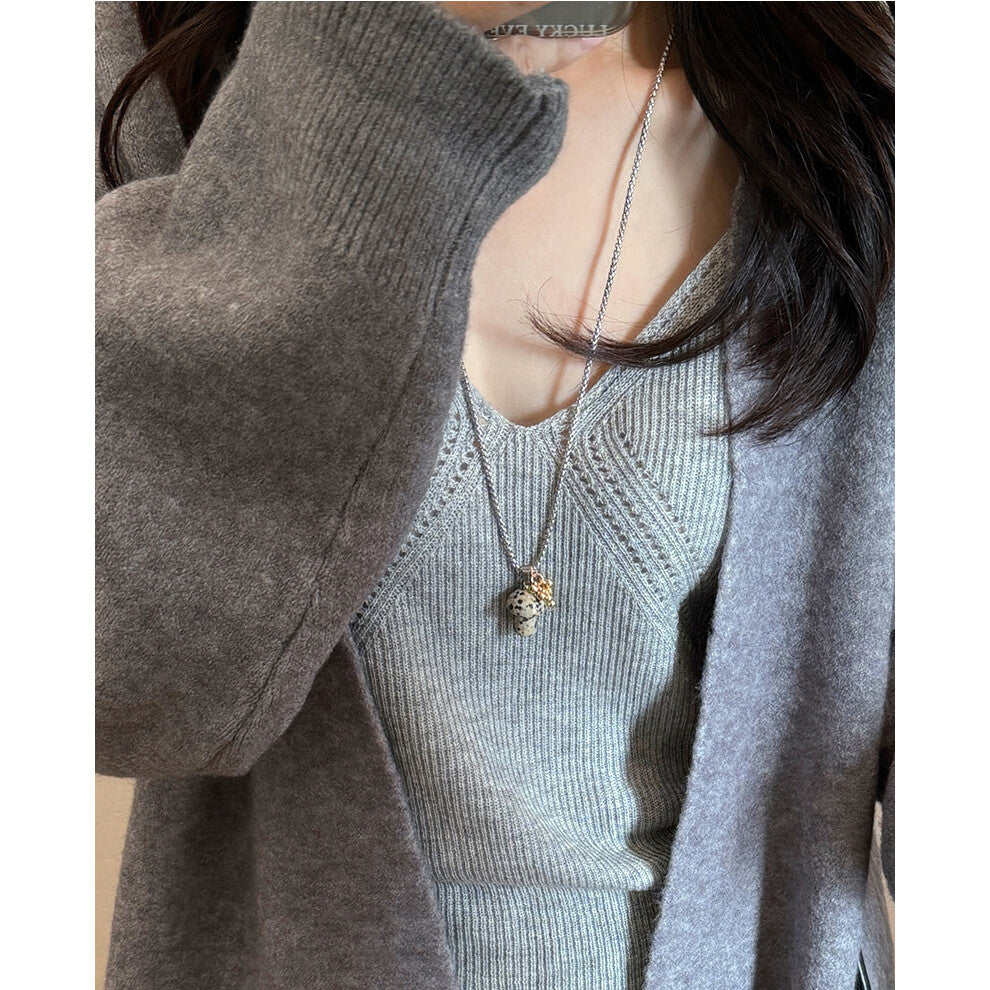 (2# White spotted mushroom Necklace) Tiger's eye necklace, women's light luxury and high-end style, long collarbone chain, versatile hoodie and sweate