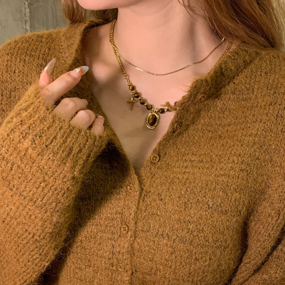 (20# Tiger's Eye pendant Layered Necklace) Tiger's eye necklace, women's light luxury and high-end style, long collarbone chain, versatile hoodie and