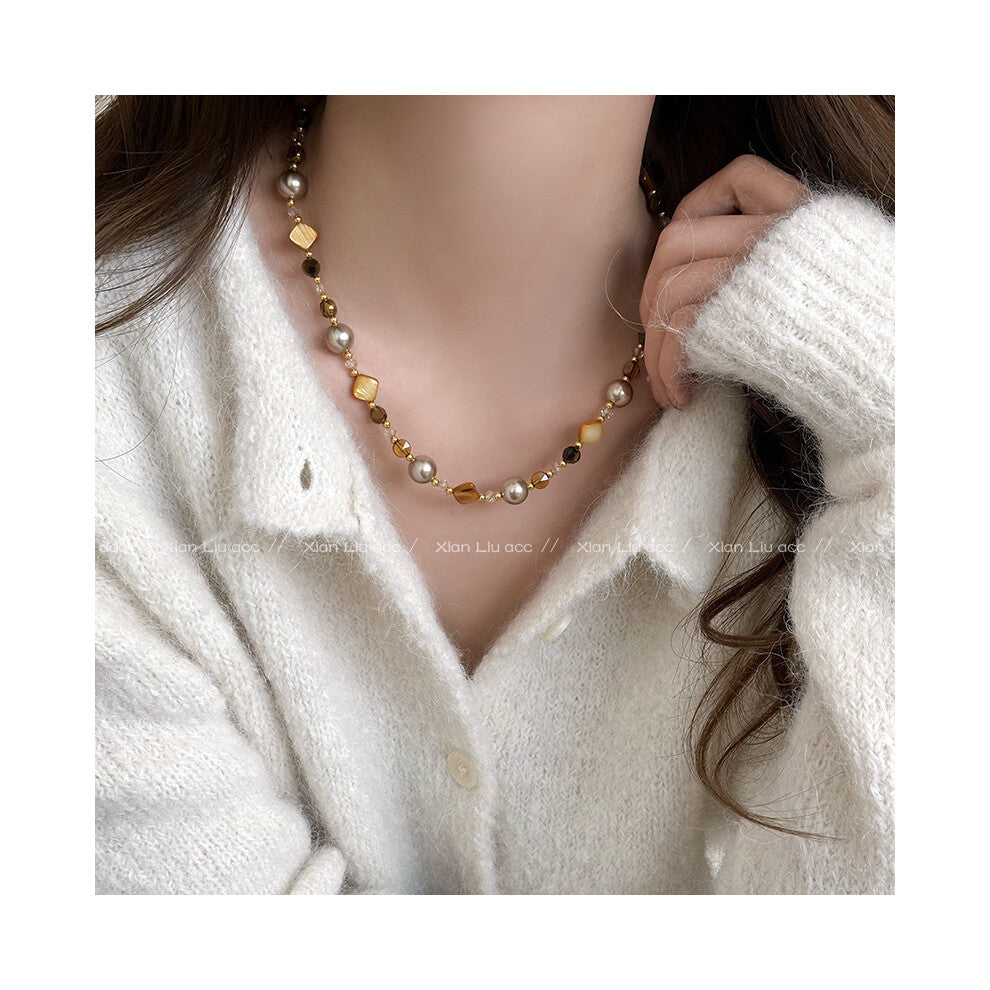 (22# Yellow Shell Tiger's Eye Pearl Necklace) Tiger's eye necklace, women's light luxury and high-end style, long collarbone chain, versatile hoodie a