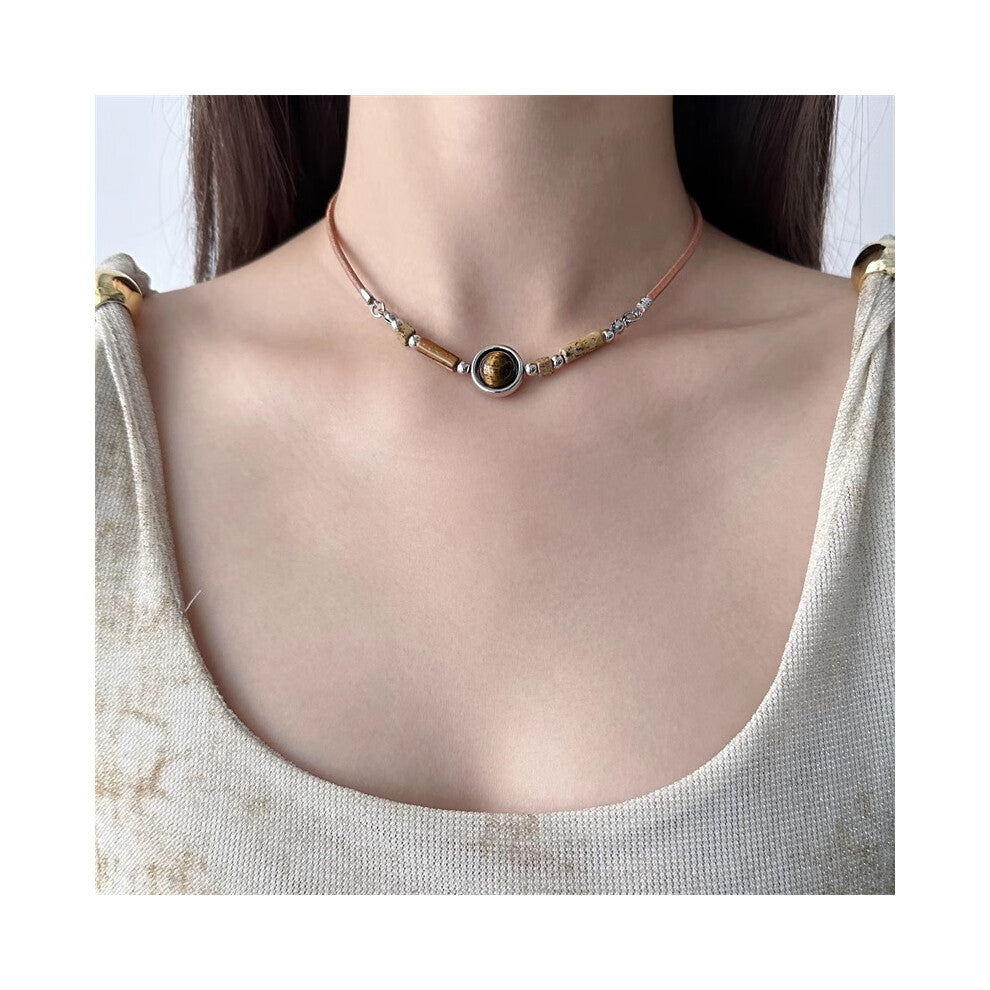 (26# Ethnic Style Tiger's Eye Stone Necklace) Tiger's eye necklace, women's light luxury and high-end style, long collarbone chain, versatile hoodie a