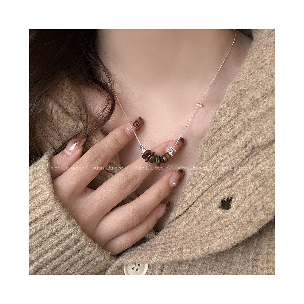 (27# Coffee-colored beaded tiger's eye necklace) Tiger's eye necklace, women's light luxury and high-end style, long collarbone chain, versatile hoodi