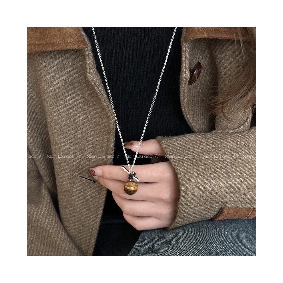 (28# Coffee-colored single tiger's eye necklace) Tiger's eye necklace, women's light luxury and high-end style, long collarbone chain, versatile hoodi
