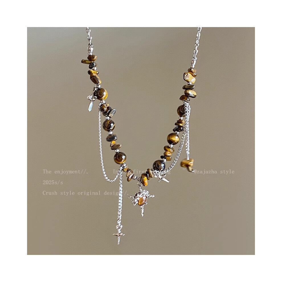 (30# Cross-shaped brown tiger's eye Stone) Tiger's eye necklace, women's light luxury and high-end style, long collarbone chain, versatile hoodie and