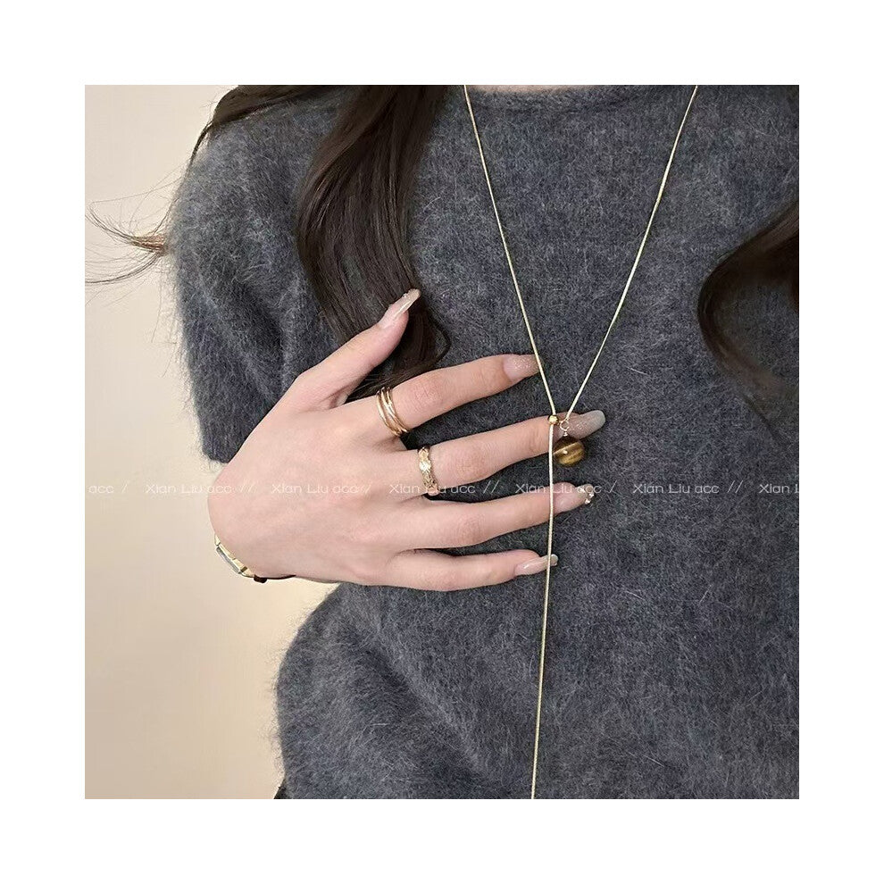 (6# Golden tiger's Eye Stone pull-out long style) Tiger's eye necklace, women's light luxury and high-end style, long collarbone chain, versatile hood