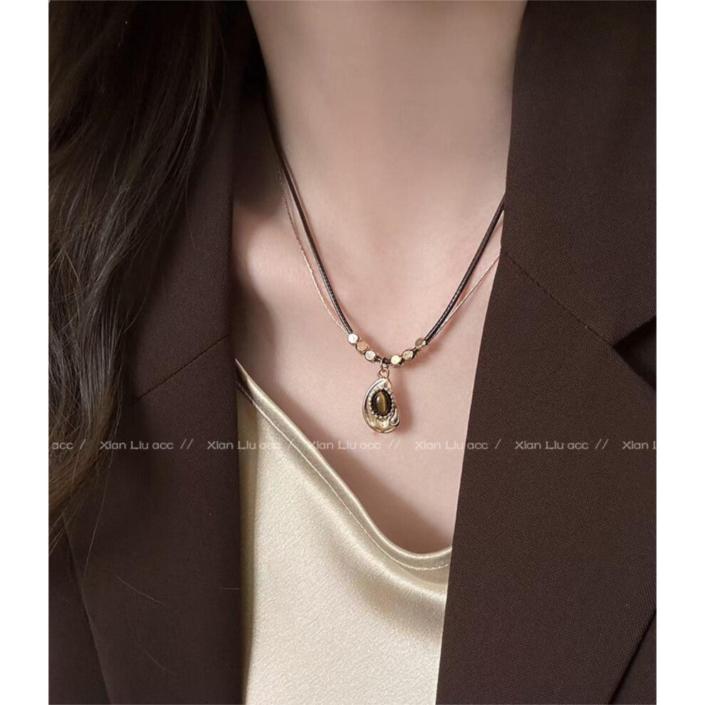 (7# Avocado Double-layered Tiger's Eye) Tiger's eye necklace, women's light luxury and high-end style, long collarbone chain, versatile hoodie and swe