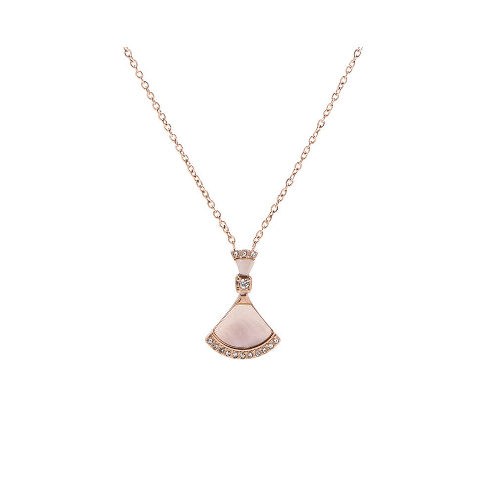(white) White mother-of-pearl skirt necklace, fan-shaped titanium steel necklace, rose gold collarbone chain pendant for women