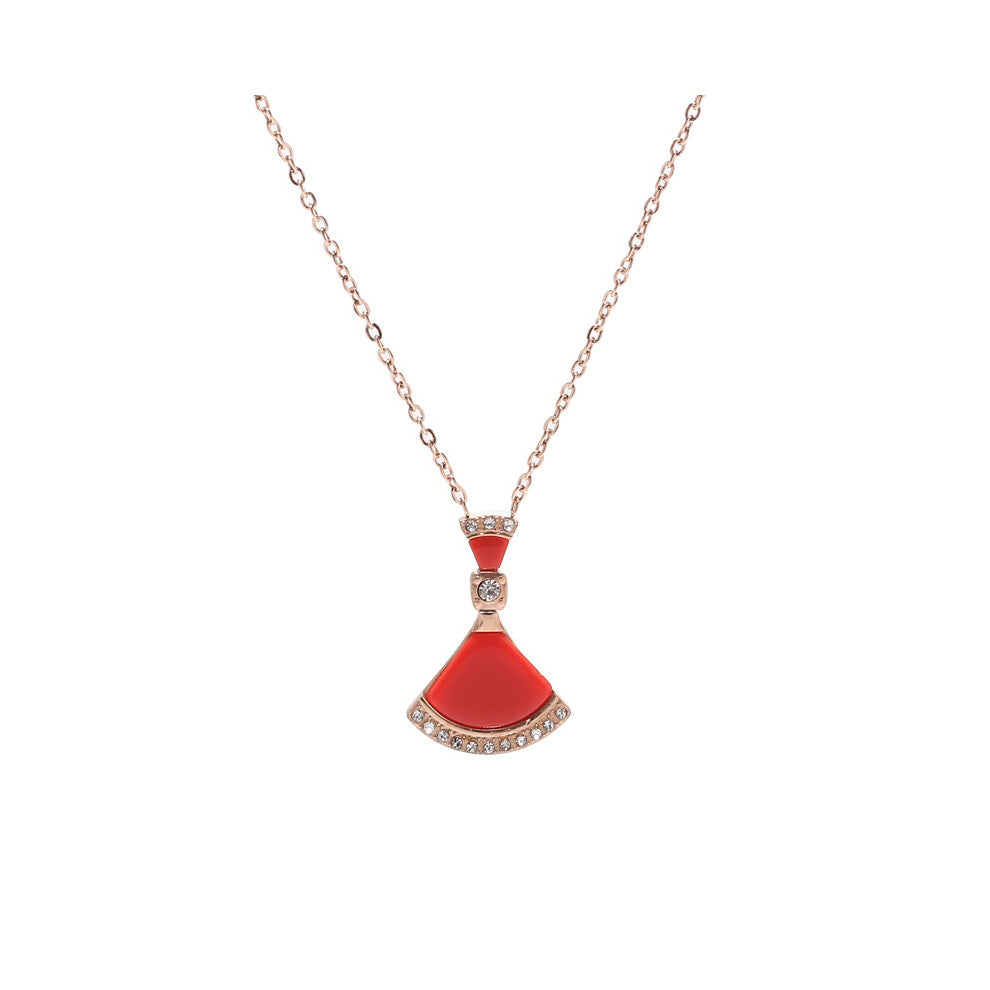 (red) White mother-of-pearl skirt necklace, fan-shaped titanium steel necklace, rose gold collarbone chain pendant for women