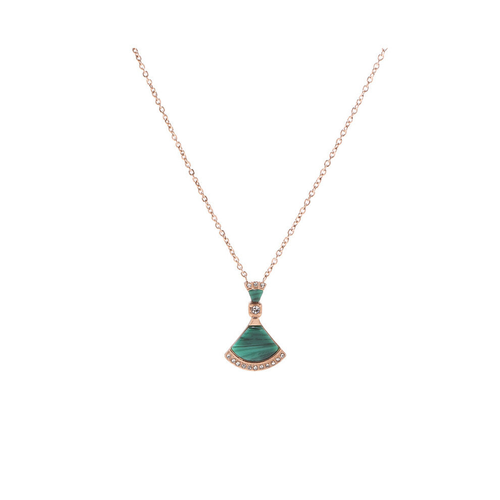 (green) White mother-of-pearl skirt necklace, fan-shaped titanium steel necklace, rose gold collarbone chain pendant for women