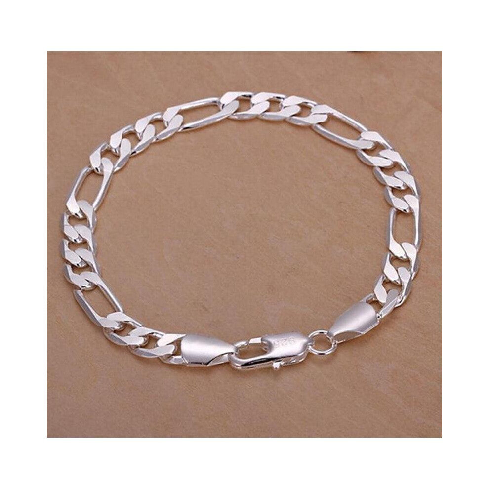 (Silver)Fashion New Type 6mm Flat Sideways Chain Pretty Bracelet Women Men 925 Jewelry