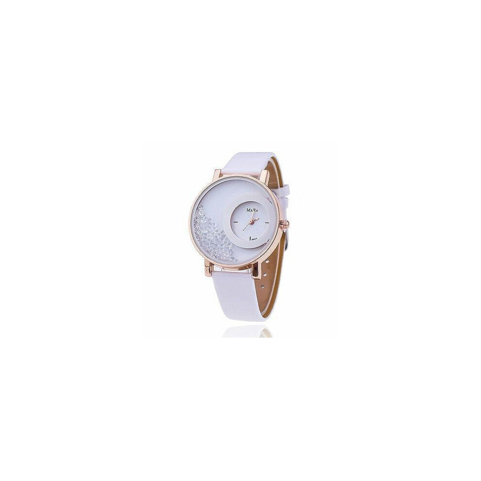 (White)Fashion Women Bracelet Bangle Leather Crystal Dial Quartz Analog Watch Wrist