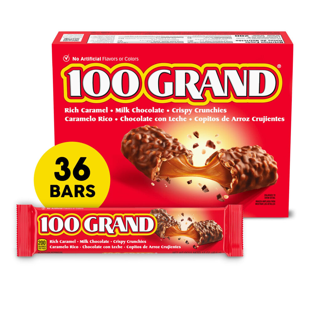 100 Grand Crispy Milk Chocolate with Caramel, Full Size Individually Wrapped Candy Bars, Great for Holiday Stocking Stuffers, 1.5 oz each, Bulk 36