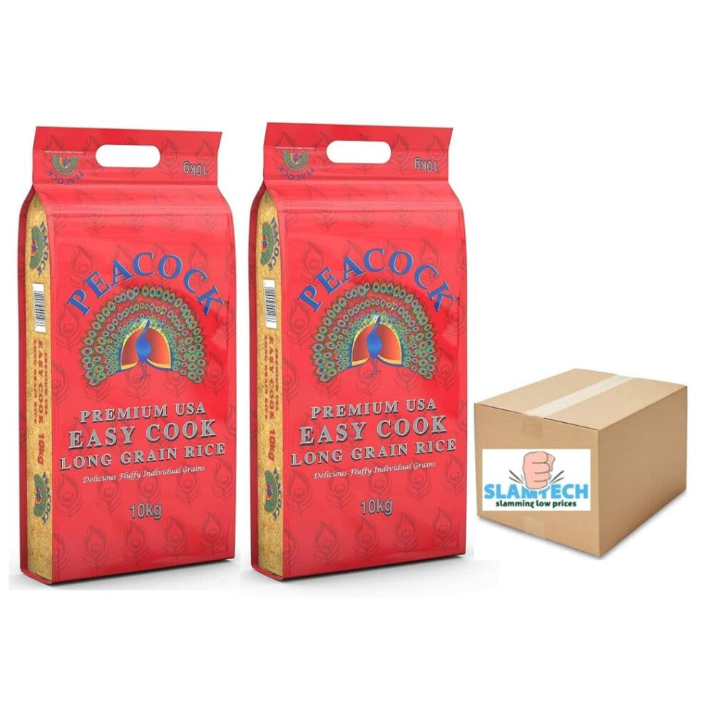 Peacock (Premium USA) Easy Cook Long Grain Rice - 10kg - 2 Bags Sold by Slamtech