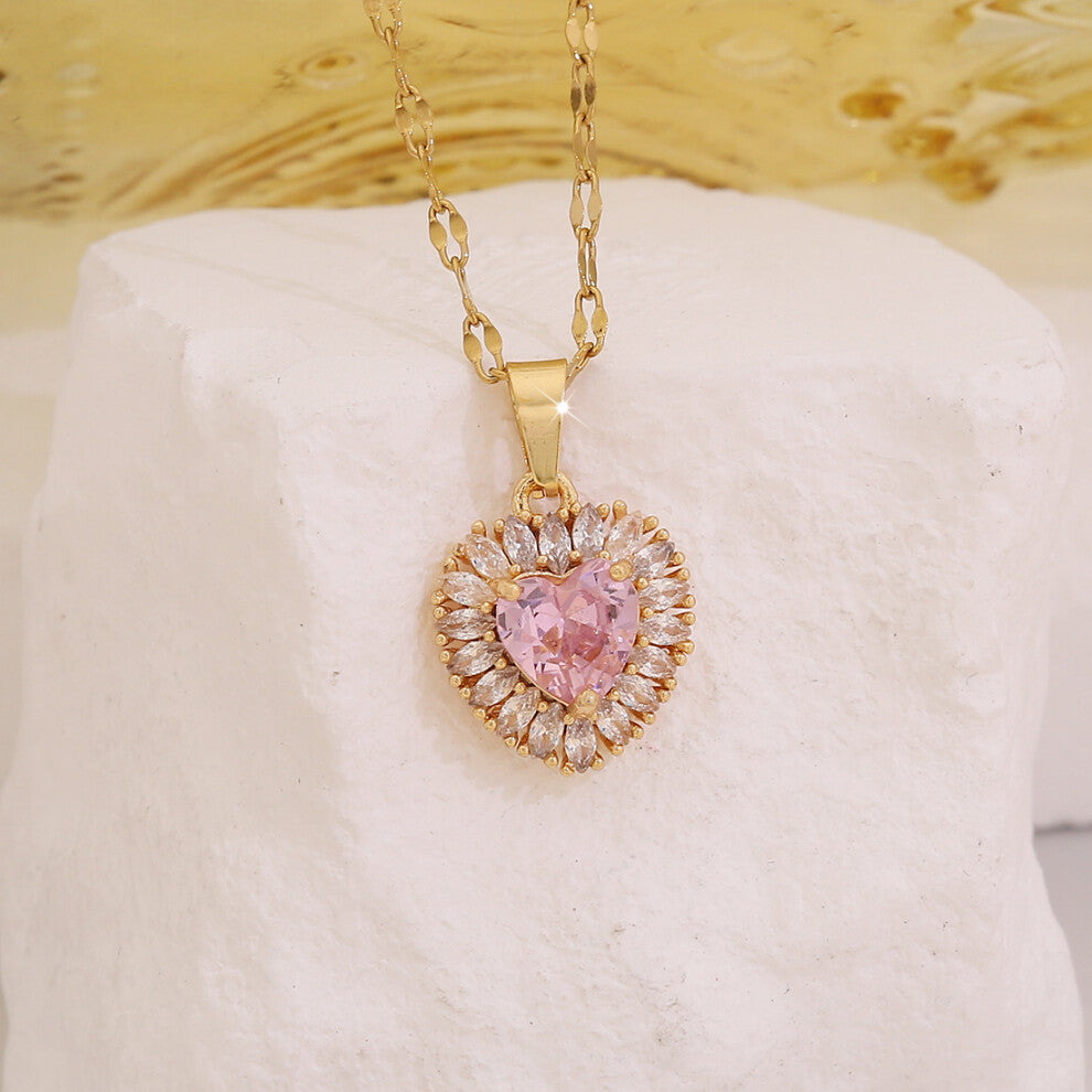 (1# Pink) Fashionable zircon heart-shaped pendant and elegant stainless steel collarbone chain