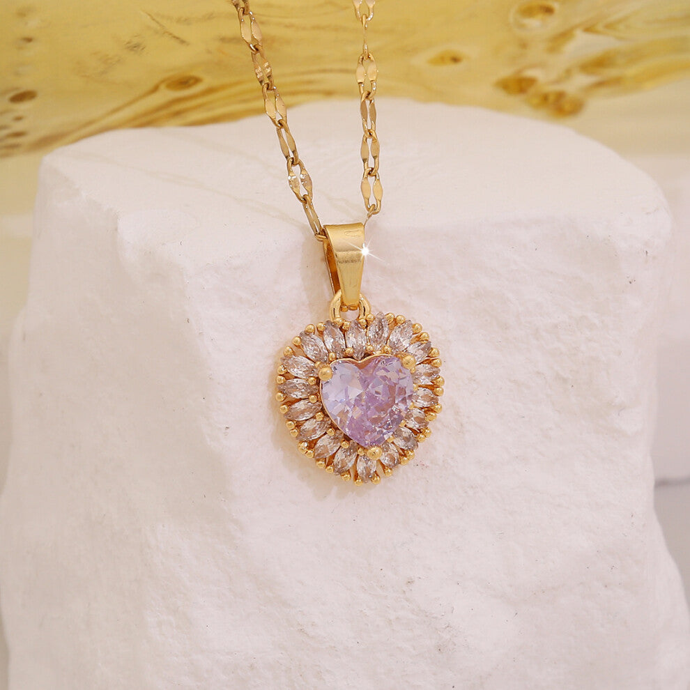 (2# Light purple) Fashionable zircon heart-shaped pendant and elegant stainless steel collarbone chain