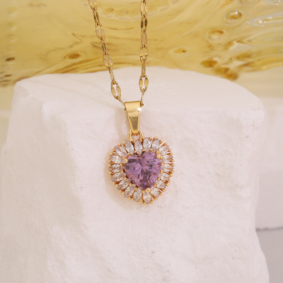 (3# Deep purple) Fashionable zircon heart-shaped pendant and elegant stainless steel collarbone chain