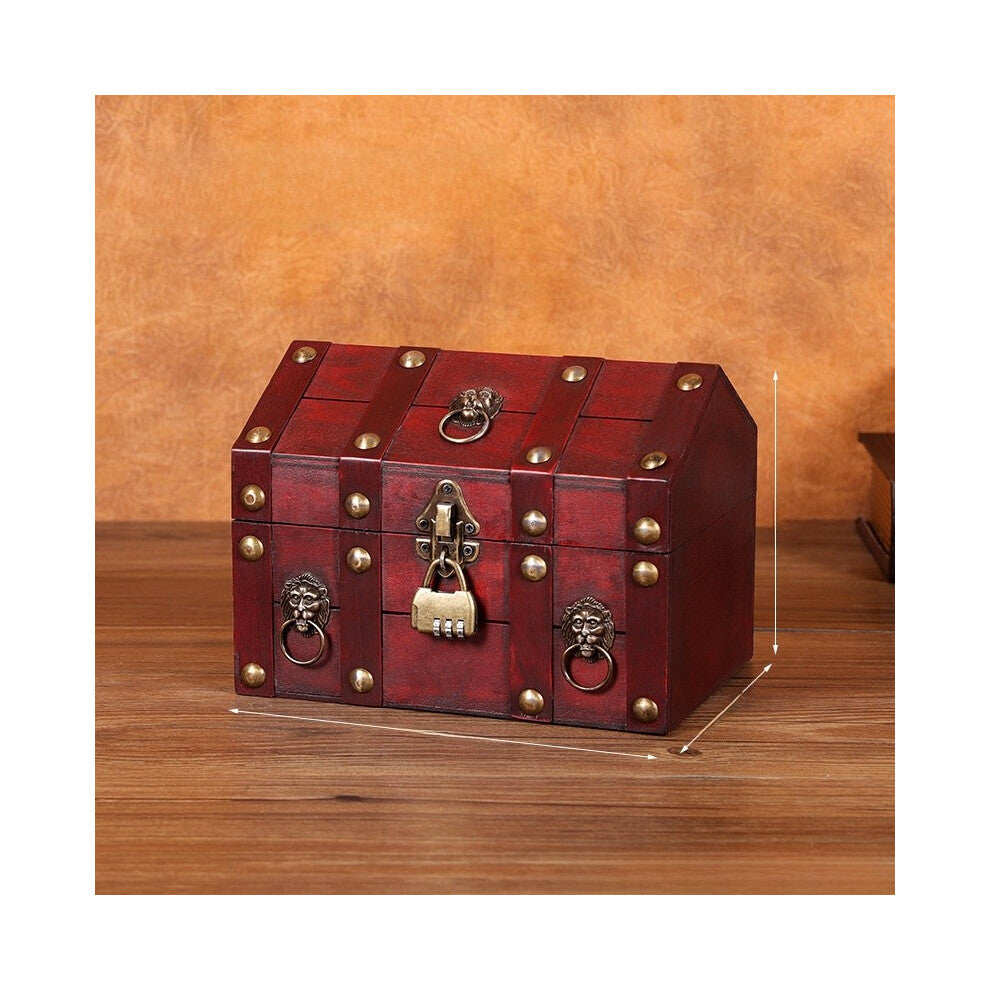 (Vintage Red Lock) Wooden Desktop Retro Jewelry Box With Lid For Organizing And Display Decoration
