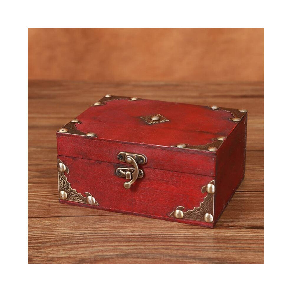 (Red A) Box Jewelry Wooden With Lock Vintage Desktop Organizer For Home Decor Office