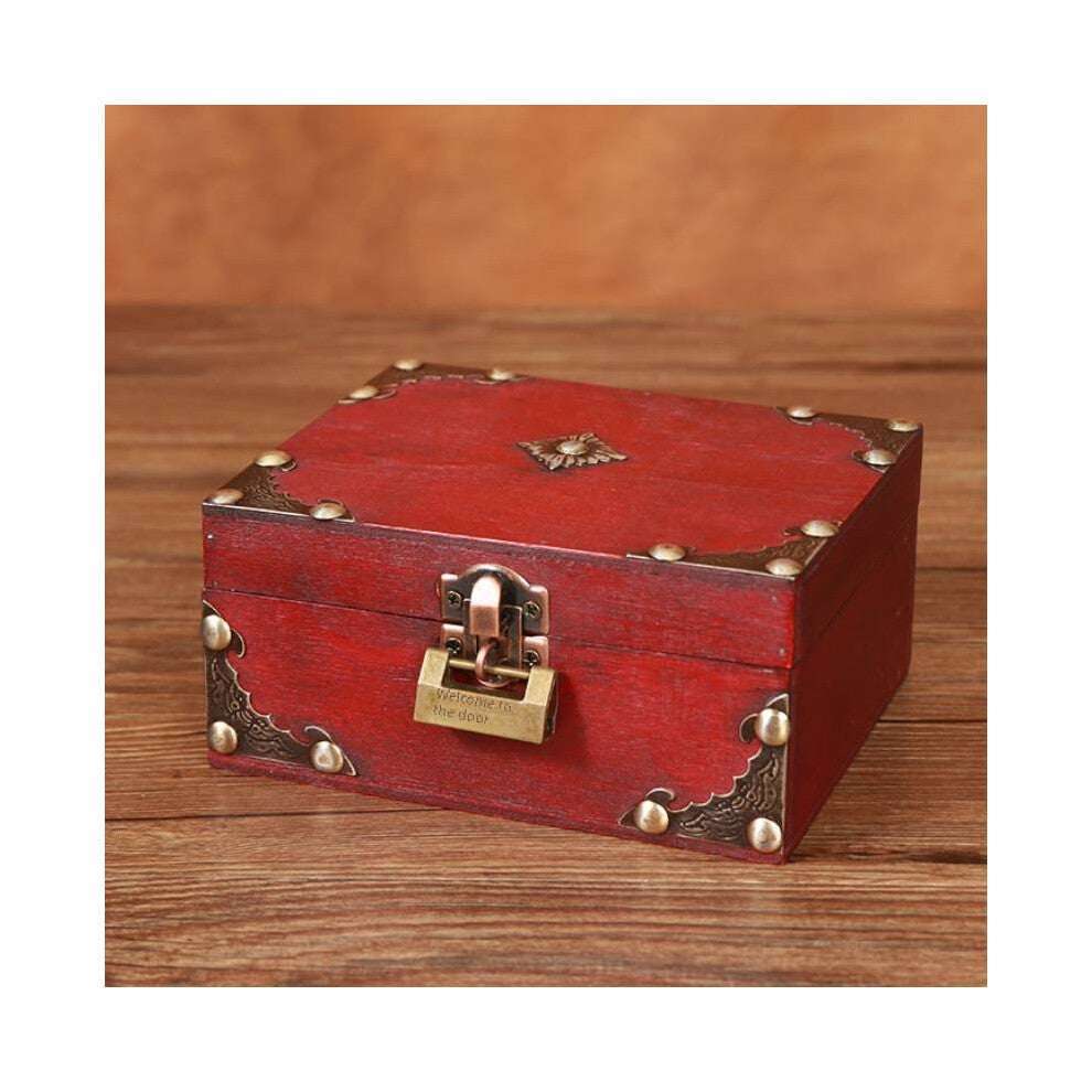 (Red B) Box Jewelry Wooden With Lock Vintage Desktop Organizer For Home Decor Office