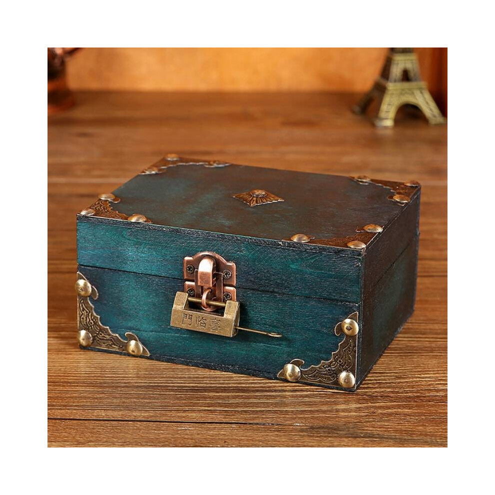 (Green B) Box Wooden Jewelry With Lock Vintage Desktop Organizer For Home Decor Office