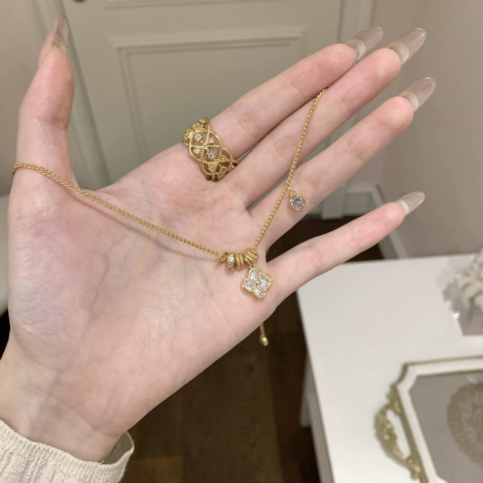 (XL825) White diamond bow necklace, pink diamond pendant, titanium steel collarbone chain