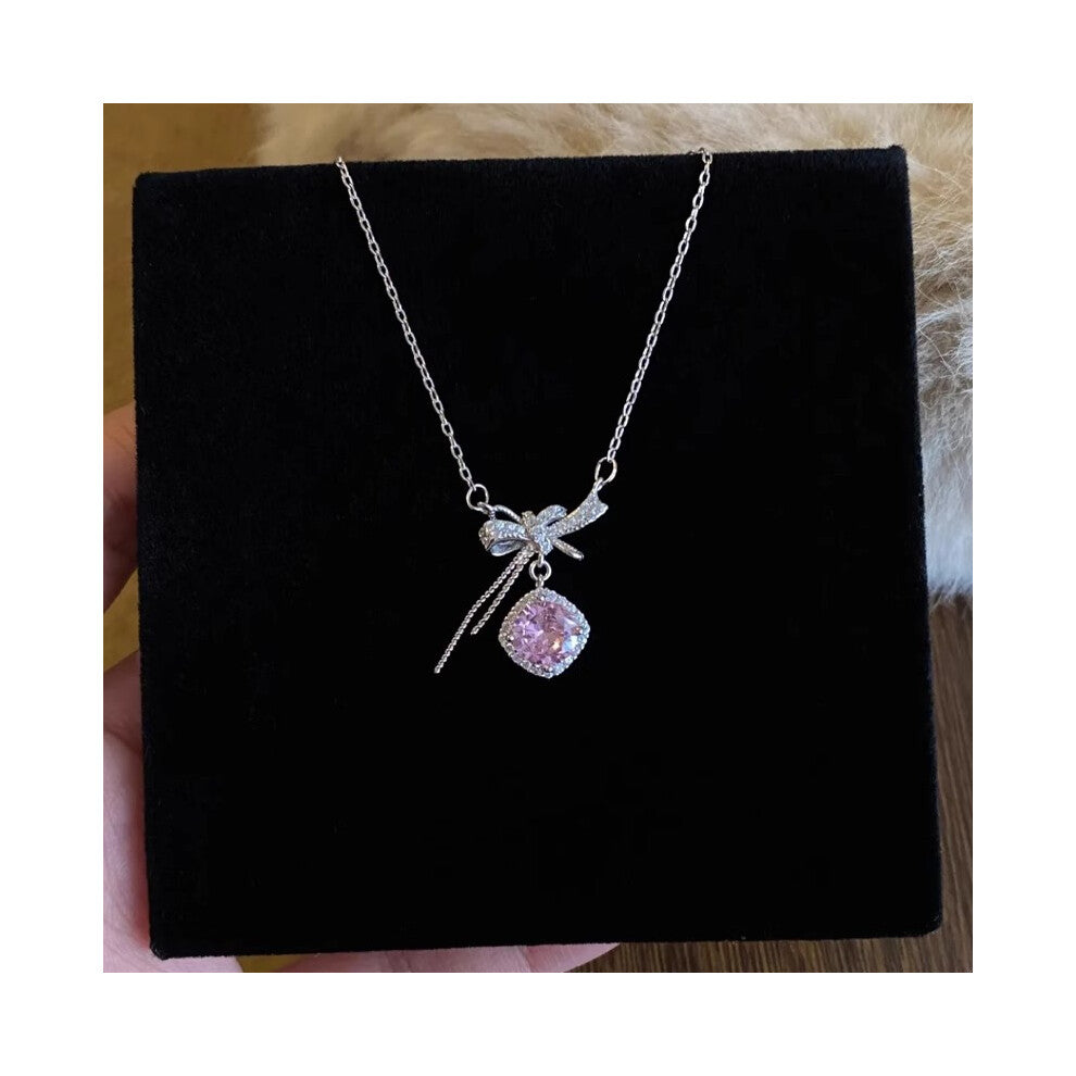 (XL847-Pink diamond) White diamond bow necklace, pink diamond pendant, titanium steel collarbone chain