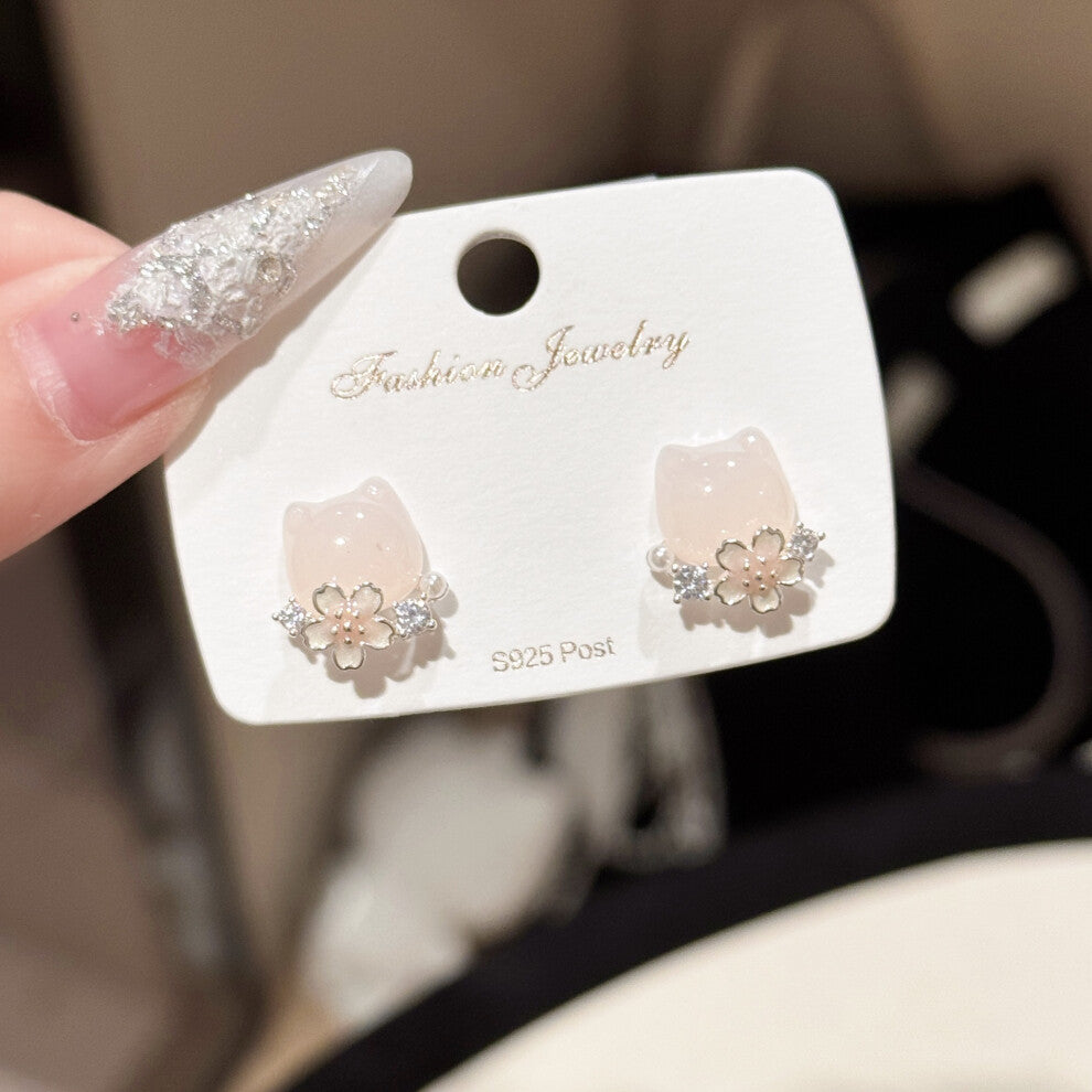 (Cat cherry blossom silver) Flower necklace, a niche pink new cat neck chain and collarbone chain, a light luxury and high-end necklace