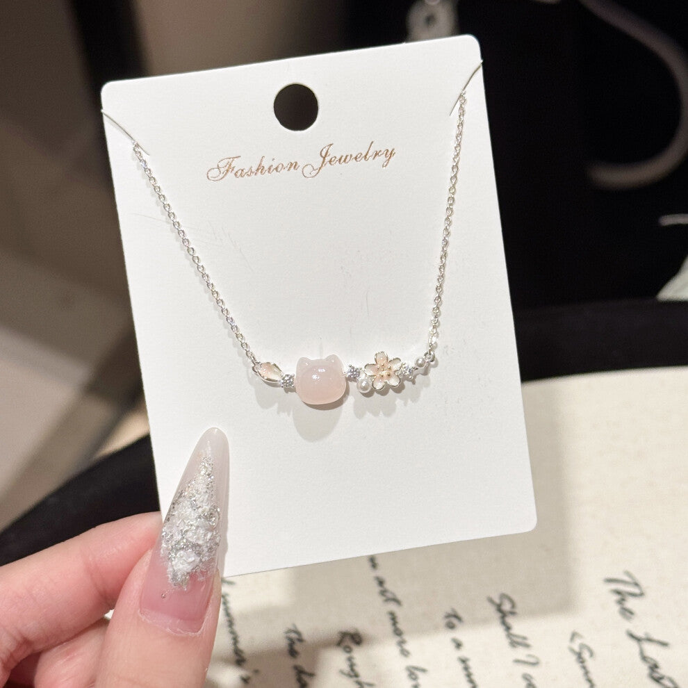 (Silver (thickened real gold electroplating)) Flower necklace, a niche pink new cat neck chain and collarbone chain, a light luxury and high-end neckl