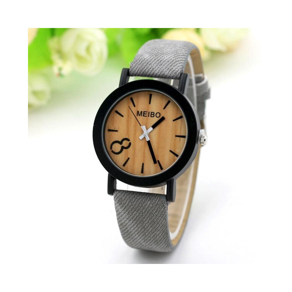 (Grey)Simple Wood Grain Dial Brown Canvas Band Analog Quartz Womens Mens Watch Wrist