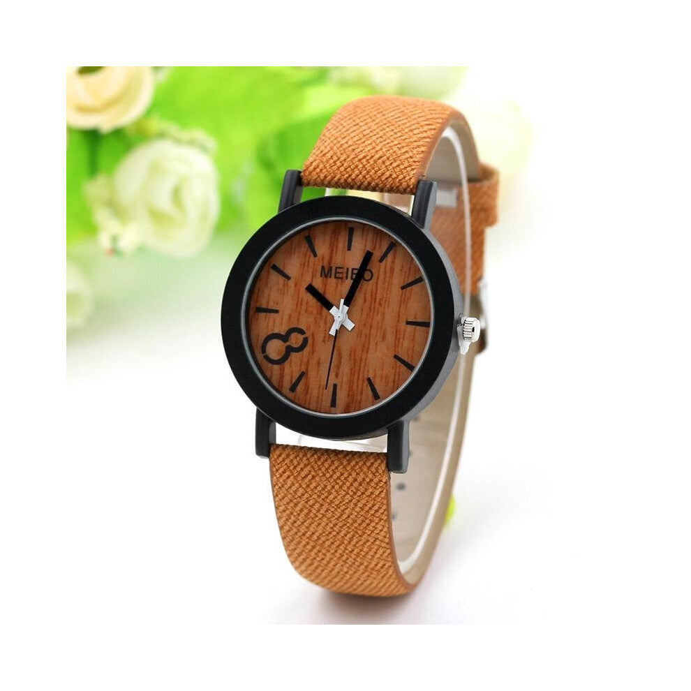 (LightBrown)Simple Wood Grain Dial Brown Canvas Band Analog Quartz Womens Mens Watch Wrist