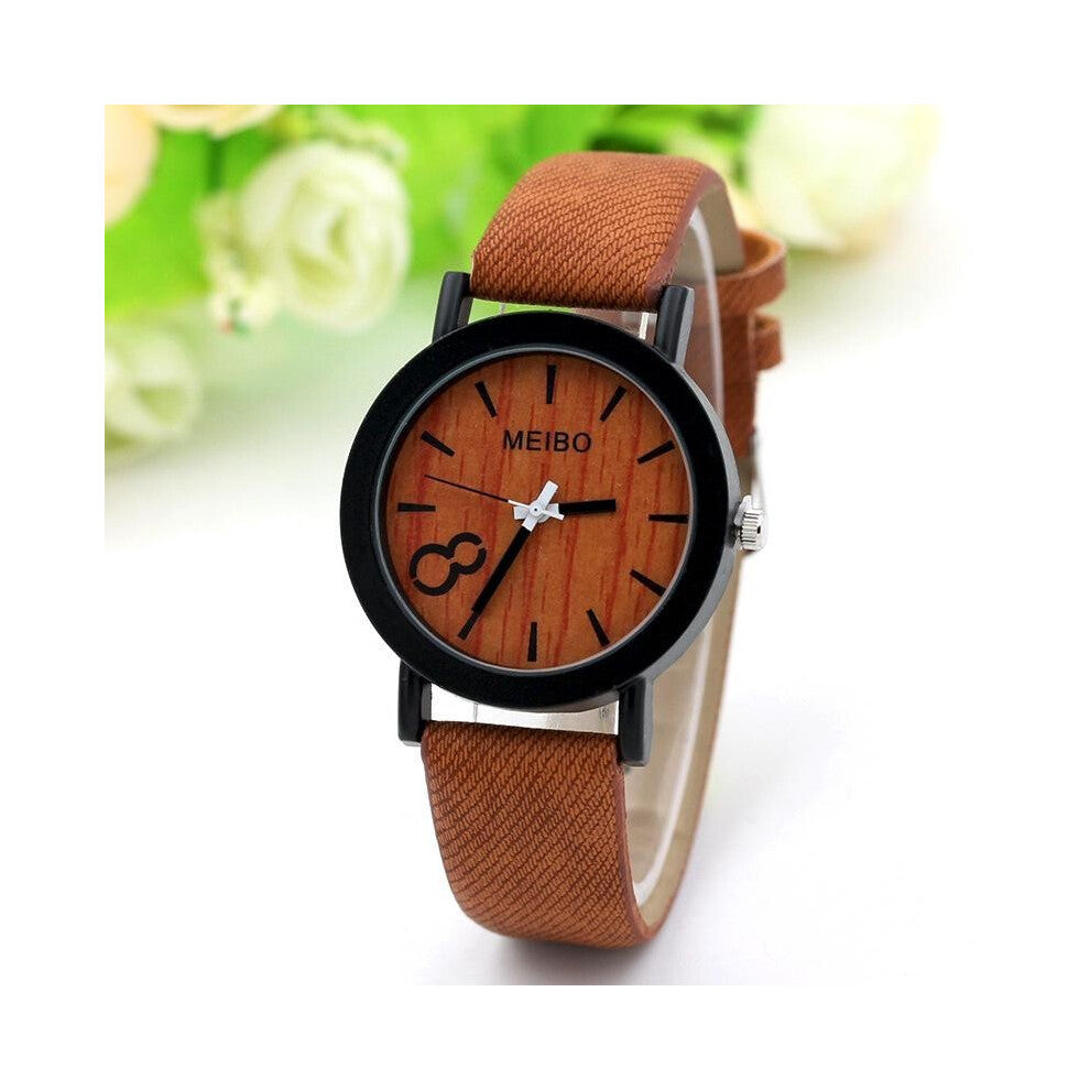 (LightCoffee)Simple Wood Grain Dial Brown Canvas Band Analog Quartz Womens Mens Watch Wrist