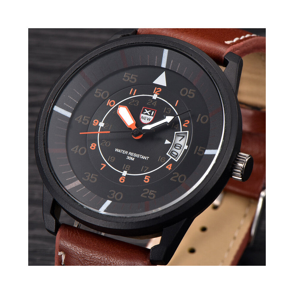 (Coffee)Men Military Leather Date Stainless Steel Watch Quartz Analog Vogue Watch Wrist