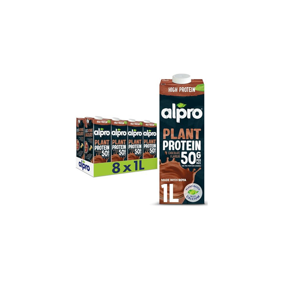 Alpro Chocolate Soya High Protein Plant-Based Long Life Drink, Vegan & Dairy Free, 1 Litre (Pack of 8)