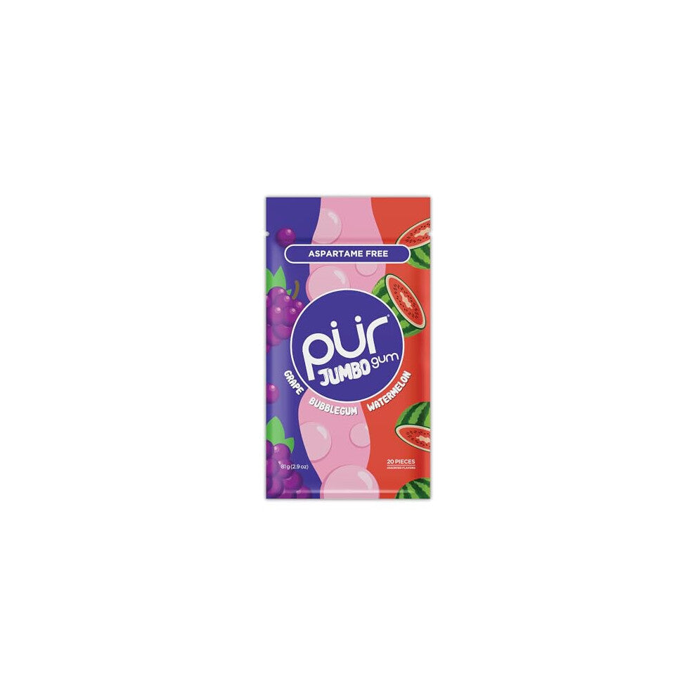 PUR Jumbo Gum, Aspartame Free Chewing Gum, Made with Xylitol, Natural Bubblegum, Grape, Watermelon Flavour, 20 Pieces (Pack of 1)