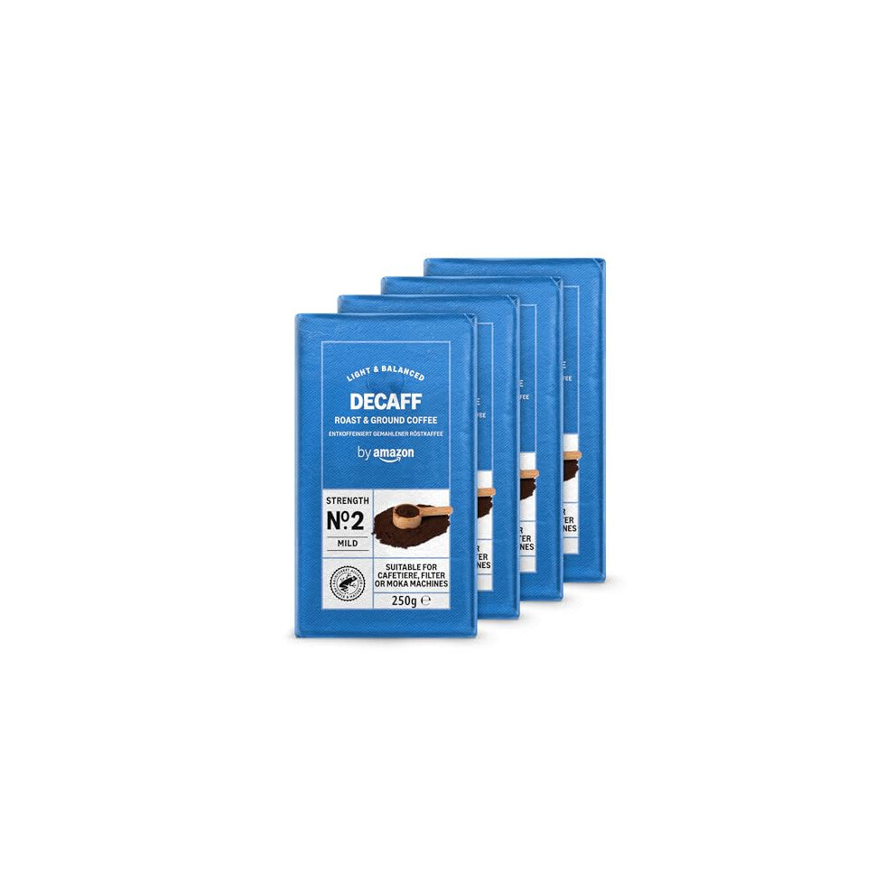 by Amazon Decaffeinated Ground Coffee, Light Roast, 1kg (4 Packs of 250 g)