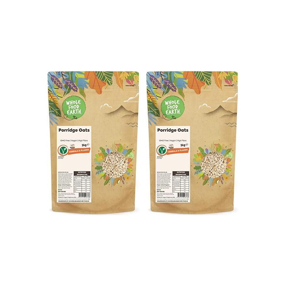 Wholefood Earth Porridge Oats 2 kg | GMO Free | High Fibre (Pack of 2)