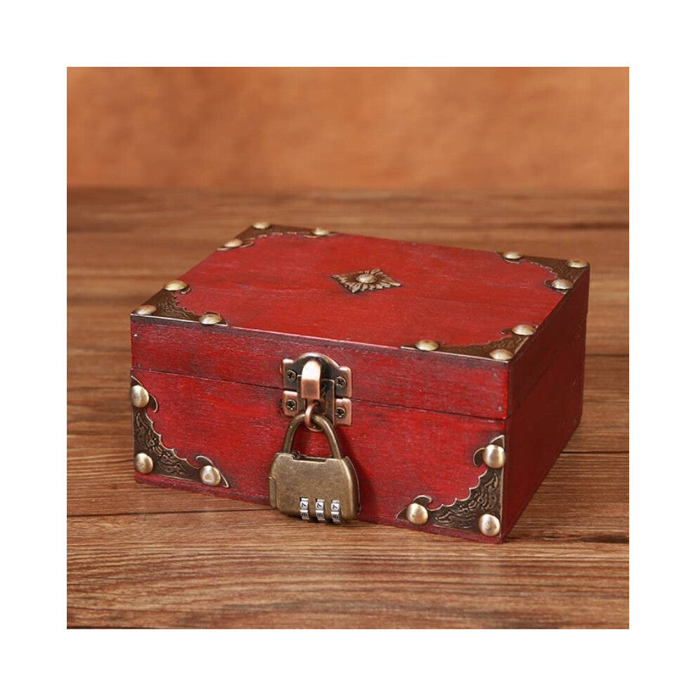 (Red C) Box Wooden Jewelry With Lock Vintage Desktop Organizer For Home Decor Office