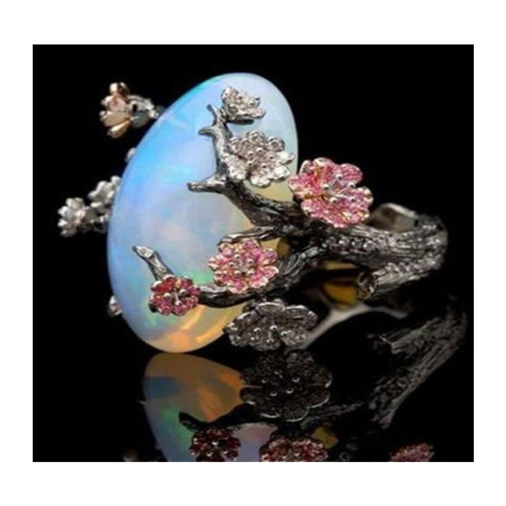 (9, )Women Vintage Ring White Fire Opal Flower Woman Gift Wedding Engagement Ring