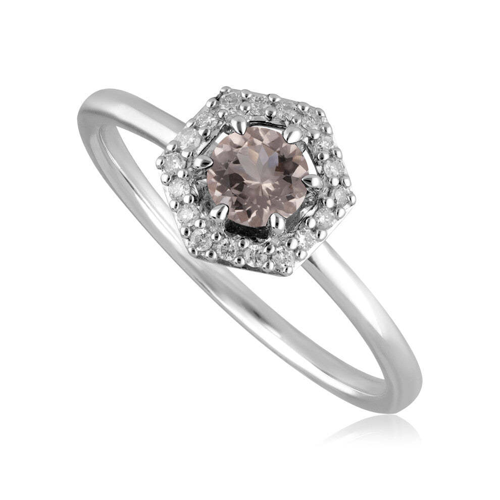 (O) 9ct White Gold 0.556ct Morganite & Diamond Halo Engagement Ring