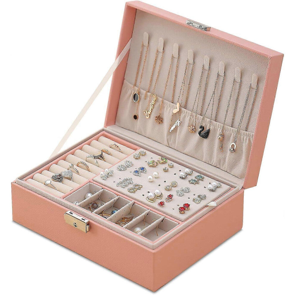 (As show, One size) Bote  Bijoux pour Femme, Coffret  Bijoux en Cuir Verrouillable de Voyage 2 Couches Organisateur  Bijoux, Petit Jewelry Stockage Ca